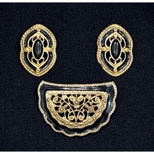 Vintage 1928 Brooch Earrings Set Gold Tone Black Enamel Victorian Revival